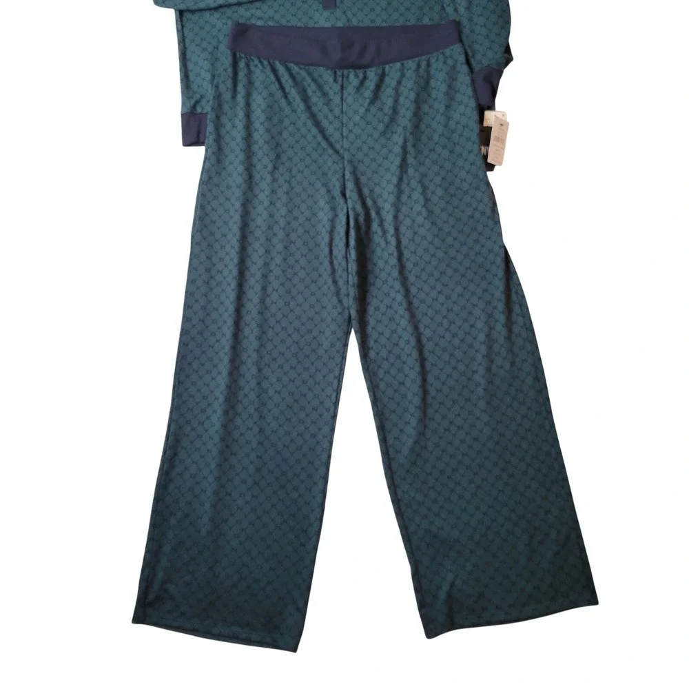 DKNY Womens Teal Logo Print Henley Top and Wide Leg Pajama Set XL New Lounge - Picture 7 of 16